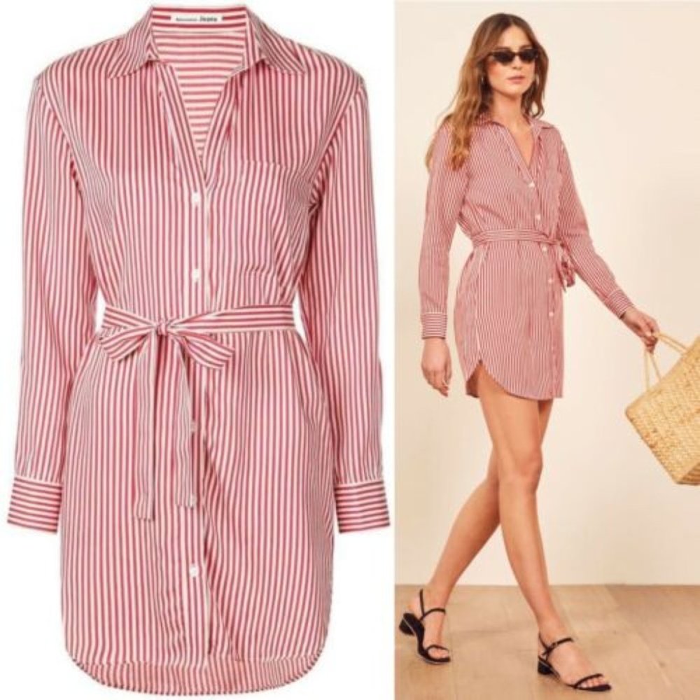 Reformation Striped Belted Shirt Dress
